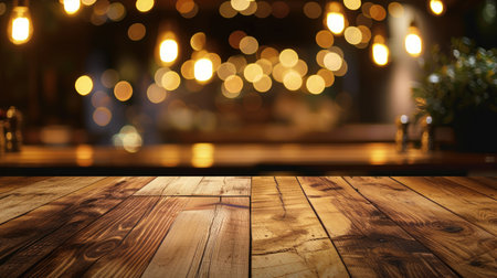 Wood table on a blur bokeh cafe background in the night, creating an elegant atmosphere for product displayの素材