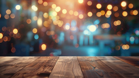 Wood table on a blur bokeh cafe background in the night, creating an elegant atmosphere for product displayの素材