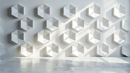 White wall with textured hexagons, showcasing a contemporary interior with a subtle pattern. A clean and stylish backdrop for a modern living space.の素材