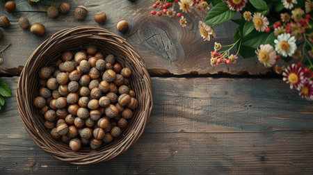 Freshly opened acorns arranged on a wooden table, capturing the essence of the fall season and the natural beauty of organic elementsの素材