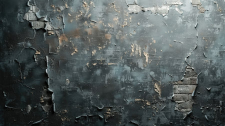 Gray cracked plaster peeling off a brick wall, creating a vintage and grungy industrial background with a focus on the distressed textureの素材