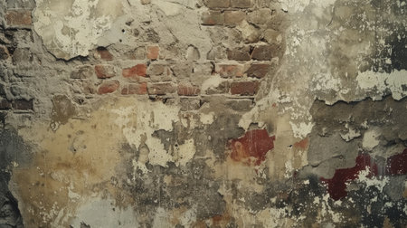Gray cracked plaster peeling off a brick wall, creating a vintage and grungy industrial background with a focus on the distressed textureの素材