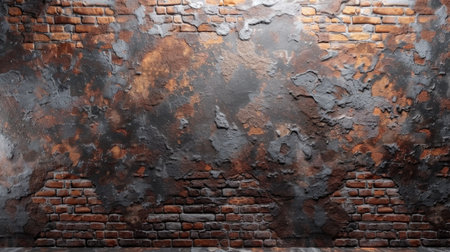 Gray cracked plaster peeling off a brick wall, creating a vintage and grungy industrial background with a focus on the distressed textureの素材