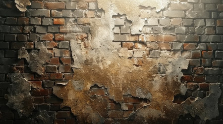 Gray cracked plaster peeling off a brick wall, creating a vintage and grungy industrial background with a focus on the distressed textureの素材