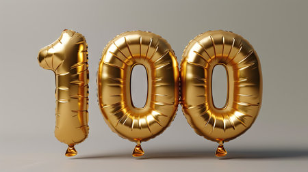 Foil balloon number one hundred, a golden yellow celebration for a birthday or anniversary card, creating an elegant banner for a milestone momentの素材