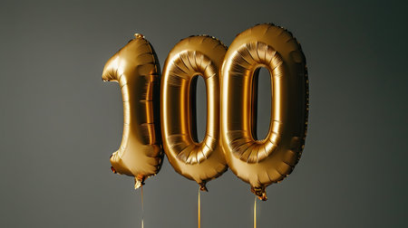Foil balloon number one hundred, a golden yellow celebration for a birthday or anniversary card, creating an elegant banner for a milestone momentの素材