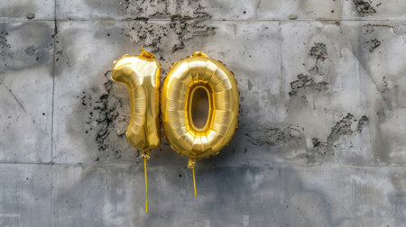 Foil balloon number 10, a golden yellow celebration for a birthday or anniversary card, creating an elegant banner for a milestone momentの素材