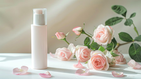 Mock-up beauty product with a white bottle on a marble podium, surrounded by tender pink roses and rose petals, showing the essence of natural beautyの素材
