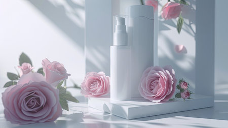 Mock-up beauty product with a white bottle on a marble podium, surrounded by tender pink roses and rose petals, showing the essence of natural beautyの素材