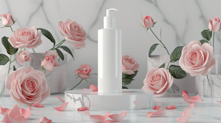 Mock-up beauty product with a white bottle on a marble podium, surrounded by tender pink roses and rose petals, showing the essence of natural beautyの素材