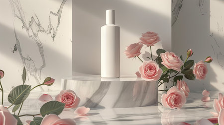 Mock-up beauty product with a white bottle on a marble podium, surrounded by tender pink roses and rose petals, showing the essence of natural beautyの素材
