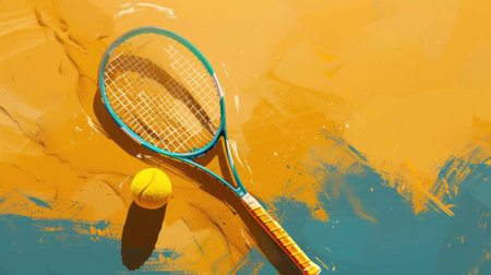 Beach Tennis: Yellow ball and racket shadow on the sand, a vibrant banner capturing the spirit of tennis on a sunny dayの素材