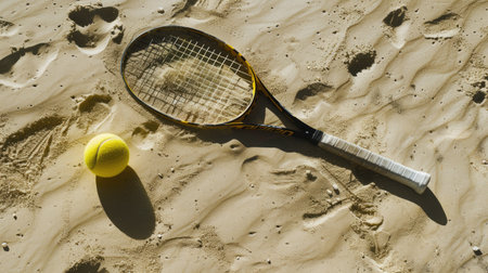 Beach Tennis: Yellow ball and racket shadow on the sand, a vibrant banner capturing the spirit of tennis on a sunny dayの素材