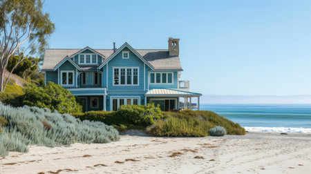 House painted on the beach, a dreamy coastal escape with a serene ocean viewの素材