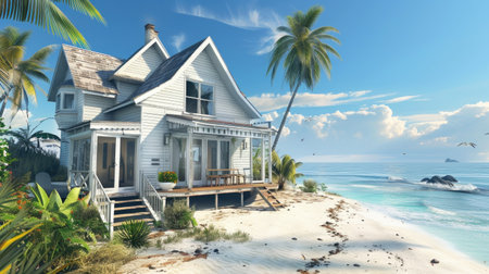 House painted on the beach, a dreamy coastal escape with a serene ocean viewの素材