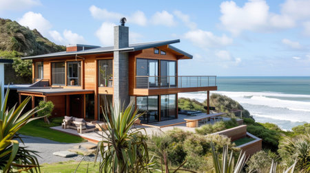 House painted on the beach, a dreamy coastal escape with a serene ocean viewの素材