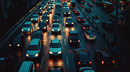 Urban Standstill: Cars in a highway traffic jam, portraying the challenges of urban commuting."の素材