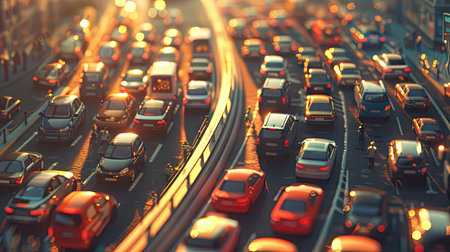 Urban Standstill: Cars in a highway traffic jam, portraying the challenges of urban commuting."の素材
