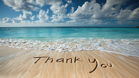 Coastal Gratitude: Beautiful card with 'Thank you' on a sandy beach, blending appreciation with the serene ocean backdropの素材