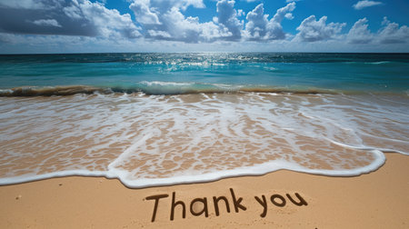 Coastal Gratitude: Beautiful card with 'Thank you' on a sandy beach, blending appreciation with the serene ocean backdropの素材
