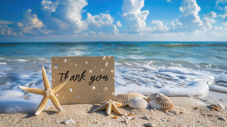 Coastal Gratitude: Beautiful card with 'Thank you' on a sandy beach, blending appreciation with the serene ocean backdropの素材
