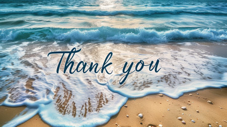 Coastal Gratitude: Beautiful card with 'Thank you' on a sandy beach, blending appreciation with the serene ocean backdropの素材