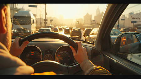Close-up of hands on the steering wheel, navigating through a traffic jam on a sunny daの素材