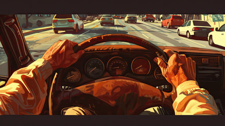 Close-up of hands on the steering wheel, navigating through a traffic jam on a sunny daの素材