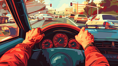 Close-up of hands on the steering wheel, navigating through a traffic jam on a sunny daの素材