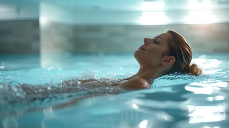 Athlete conquering waves in a fitness center wave pool, pushing limitsの素材