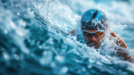 Athlete conquering waves in a fitness center wave pool, pushing limitsの素材