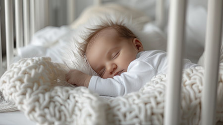 Adorable newborn boy peacefully lying in a hospital cribの素材