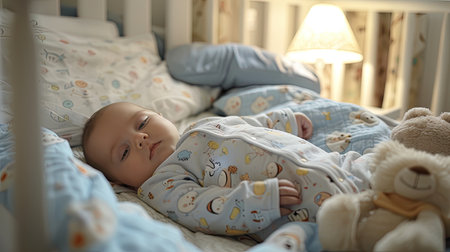 Adorable newborn boy peacefully lying in a hospital cribの素材