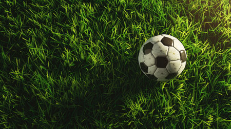 Vibrant soccer football web banner with a close-up of a soccer ball on lush green grass. Dynamic composition for an energetic sports appealの素材
