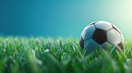 Vibrant soccer football web banner with a close-up of a soccer ball on lush green grass. Dynamic composition for an energetic sports appealの素材