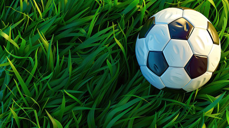 Vibrant soccer football web banner with a close-up of a soccer ball on lush green grass. Dynamic composition for an energetic sports appealの素材