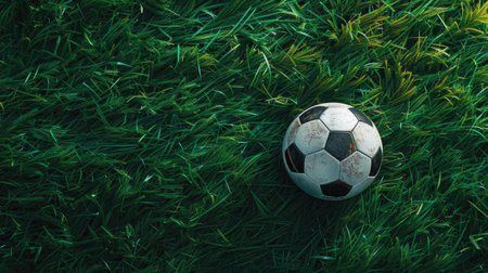 Vibrant soccer football web banner with a close-up of a soccer ball on lush green grass. Dynamic composition for an energetic sports appealの素材