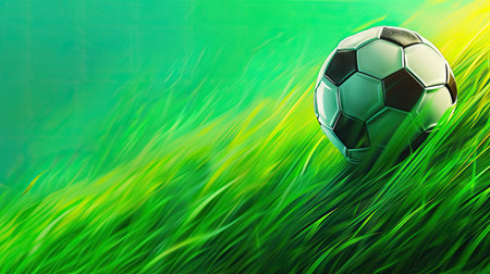 Vibrant soccer football web banner with a close-up of a soccer ball on lush green grass. Dynamic composition for an energetic sports appealの素材