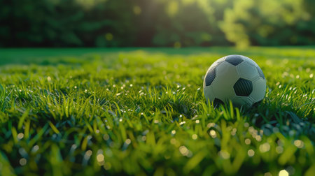 Vibrant soccer football web banner with a close-up of a soccer ball on lush green grass. Dynamic composition for an energetic sports appealの素材