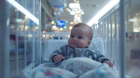 Adorable newborn boy peacefully lying in a hospital cribの素材