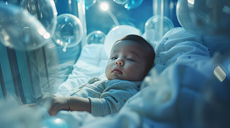 Adorable newborn boy peacefully lying in a hospital cribの素材