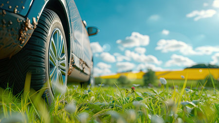 Close-up of summer car tires on lush green grass. Detailed shot showcasing the seasonal threadの素材