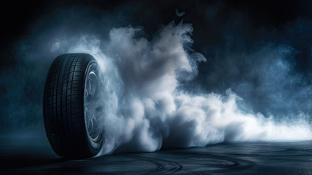 Captivating shot of a car tire emitting smoke on a sleek black background. Close-up, emphasizing the intensity of the burnoutの素材