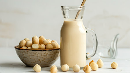 Macadamia nut milk presented in a glass cup and bottle on a crisp white background. Close-up capturing the creamy texture.の素材