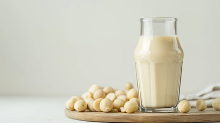 Macadamia nut milk presented in a glass cup and bottle on a crisp white background. Close-up capturing the creamy texture.の素材