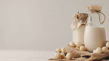 Macadamia nut milk presented in a glass cup and bottle on a crisp white background. Close-up capturing the creamy texture.の素材