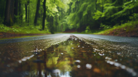 Scenic view of the forest road with water pits after rainfallの素材