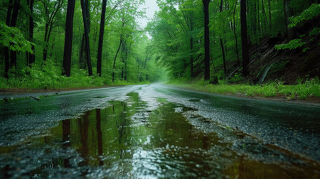 Scenic view of the forest road with water pits after rainfallの素材