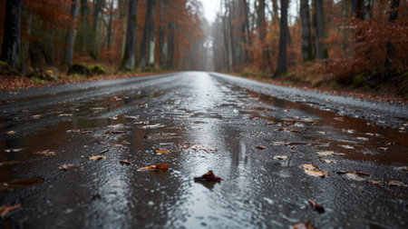 Scenic view of the forest road with water pits after rainfallの素材