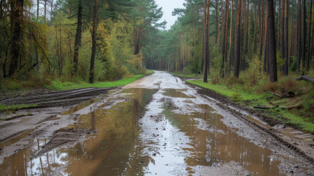 Scenic view of the forest road with water pits after rainfallの素材